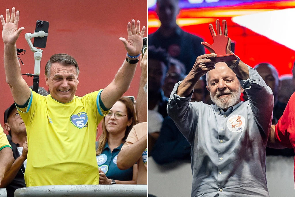 Jair Bolsonaro (PL) e Lula (PT) em comícios nas eleições municipais em outubro de 2024; o ex-presidente em Duque de Caxias (RJ), e o atual, em Mauá (SP)