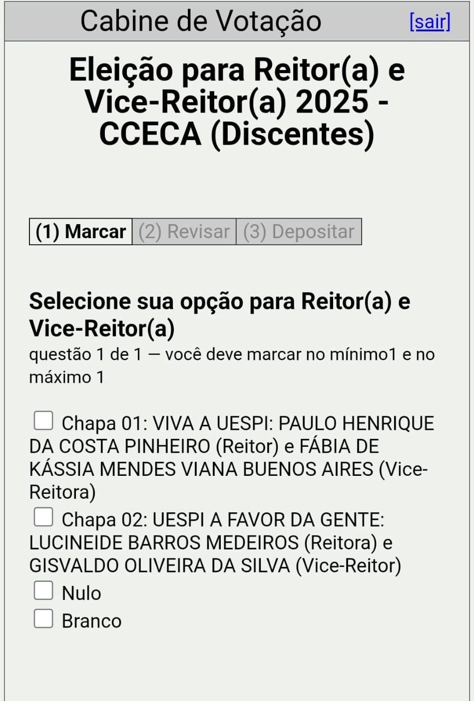 Cédula de votação para Uespi