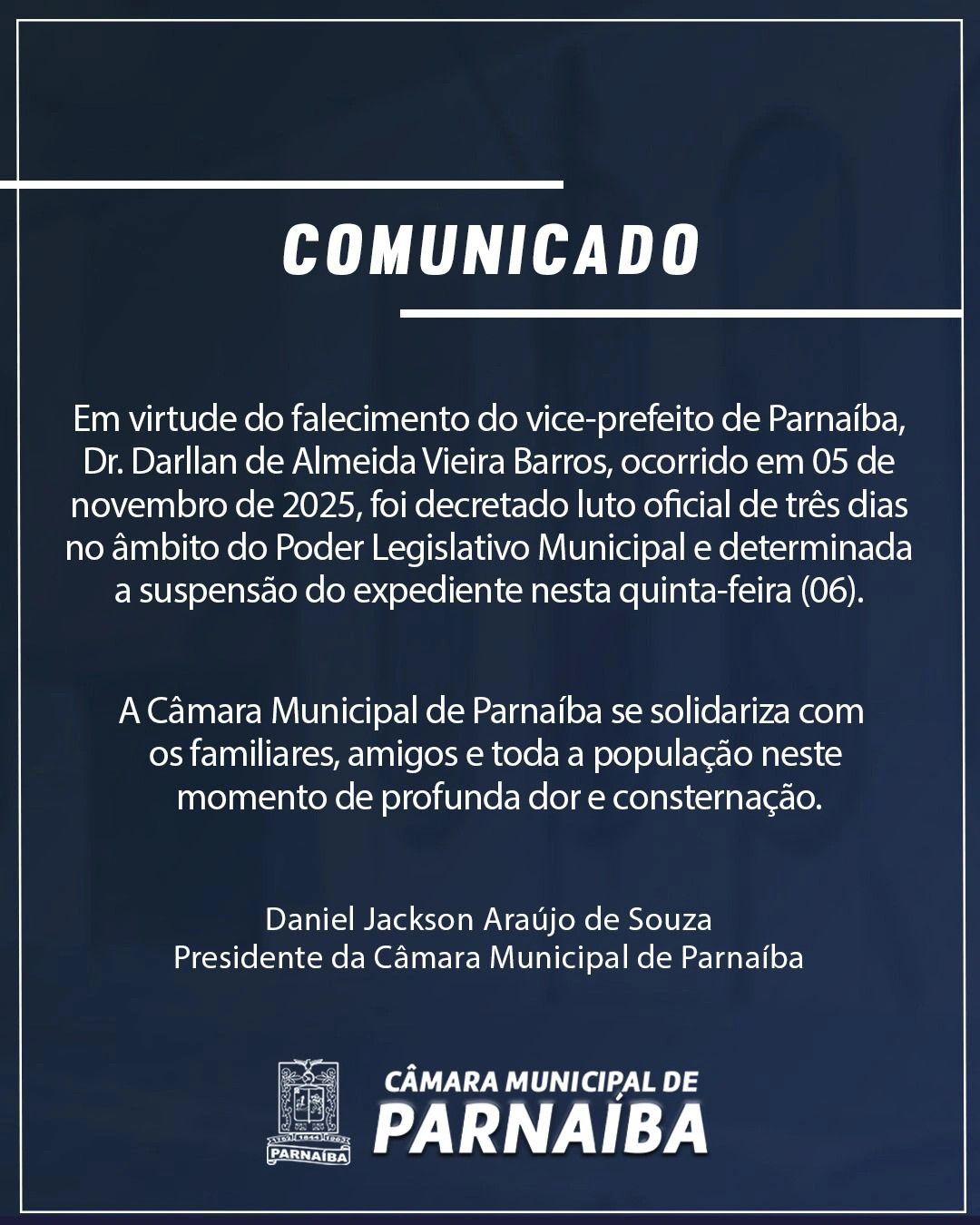 Nota da Câmara Municipal de Parnaíba em decorrência da morte de Darllan