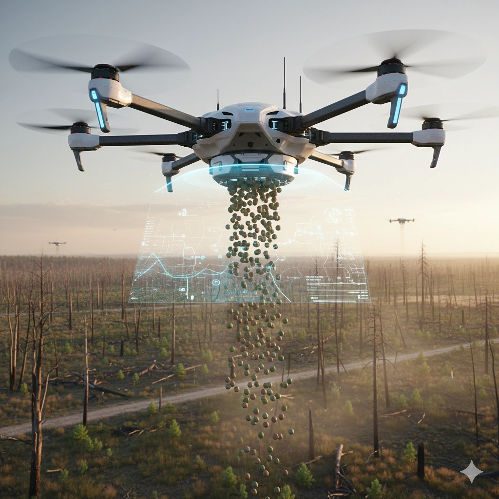 Aeronaves plantam sementes nativas com precisão cirúrgica e IA. Debate: robôs substituirão o trabalho humano na recuperação do planeta?