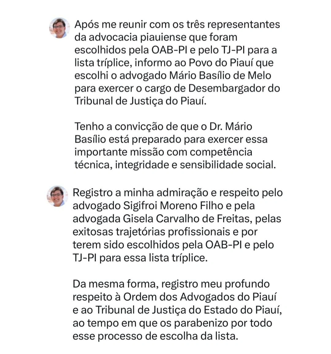 Anúncio do governador Rafael Fonteles via "X" da escolha do novo desembargador do TJ-PI