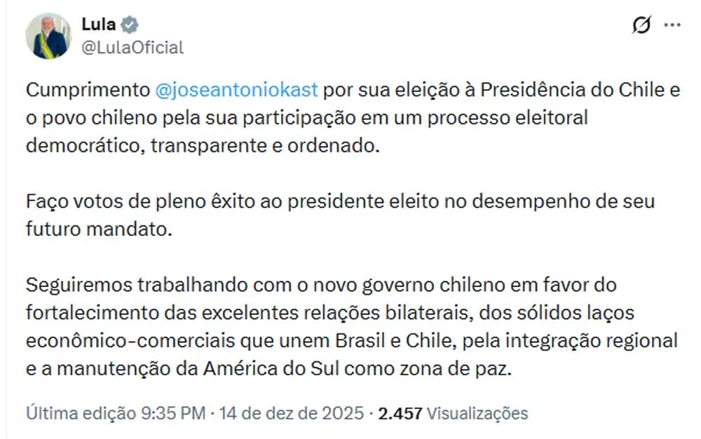 Publicação de Lula na rede social X