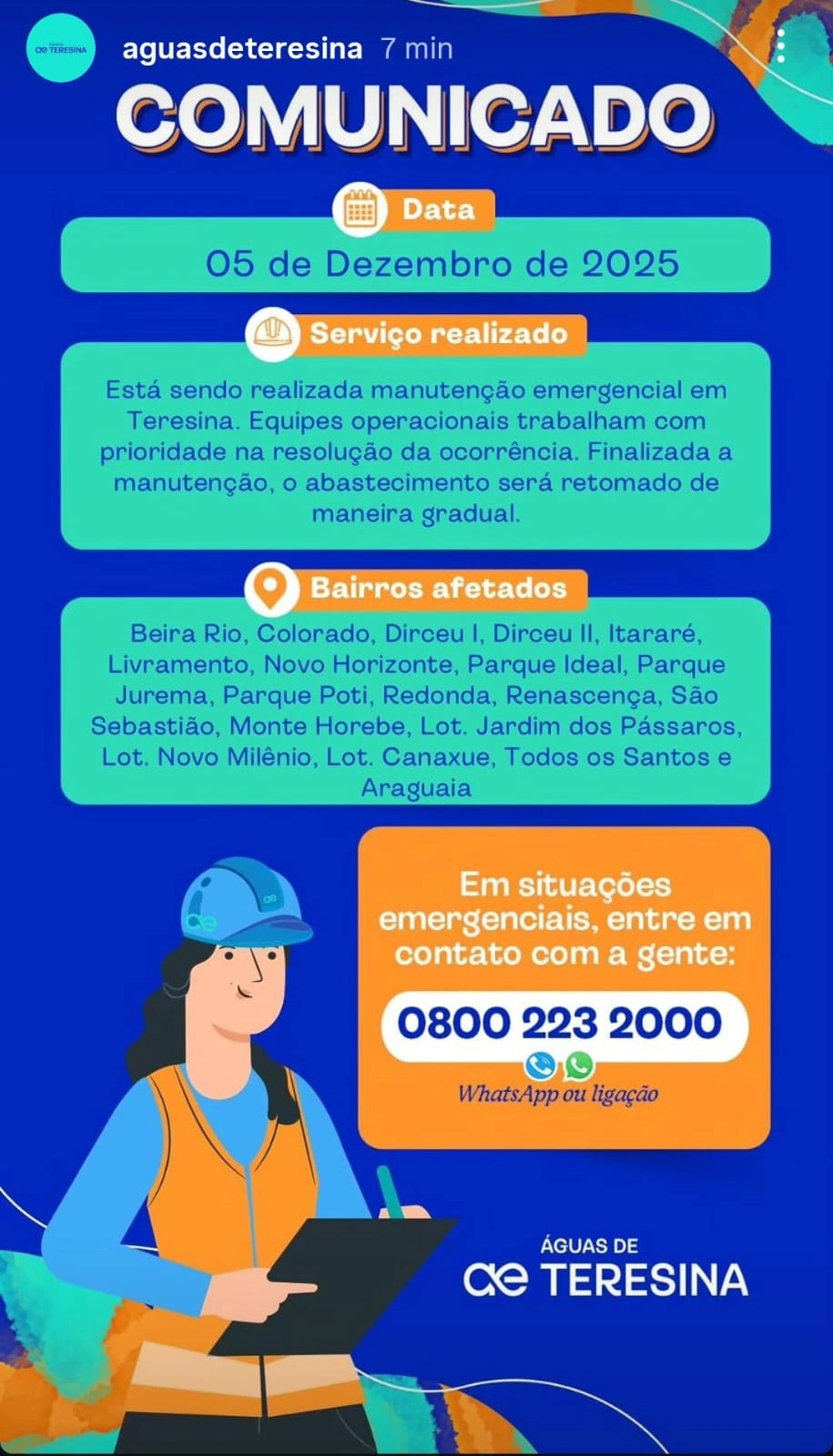 Serviço da Águas de Teresina causa interrupção temporária; normalização será retomada de forma gradual.