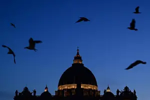 Gaivotas sobrevoam a Basílica de São Pedro, no Vaticano, após a morte do papa Francisco (Foto: Tiziana Fabi/AFP)