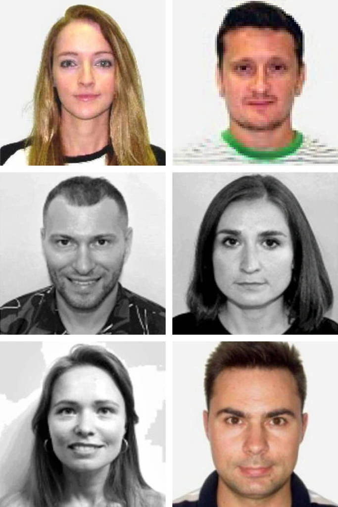 Espiões russos, no sentido horário, a partir do canto superior esquerdo: Iekaterina Leonidovna Danilova, Vladimir Aleksandrovitch Danilov, Olga Igorevna Tiutereva, Aleksandr Andreyevitch Utekhin, Irina Alekseievna Antonova e Roman Olegovitch Koval