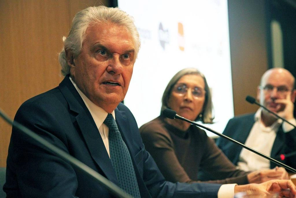 O governador de Goiás, Ronaldo Caiado, durante evento da Fundação FHC, em São Paulo