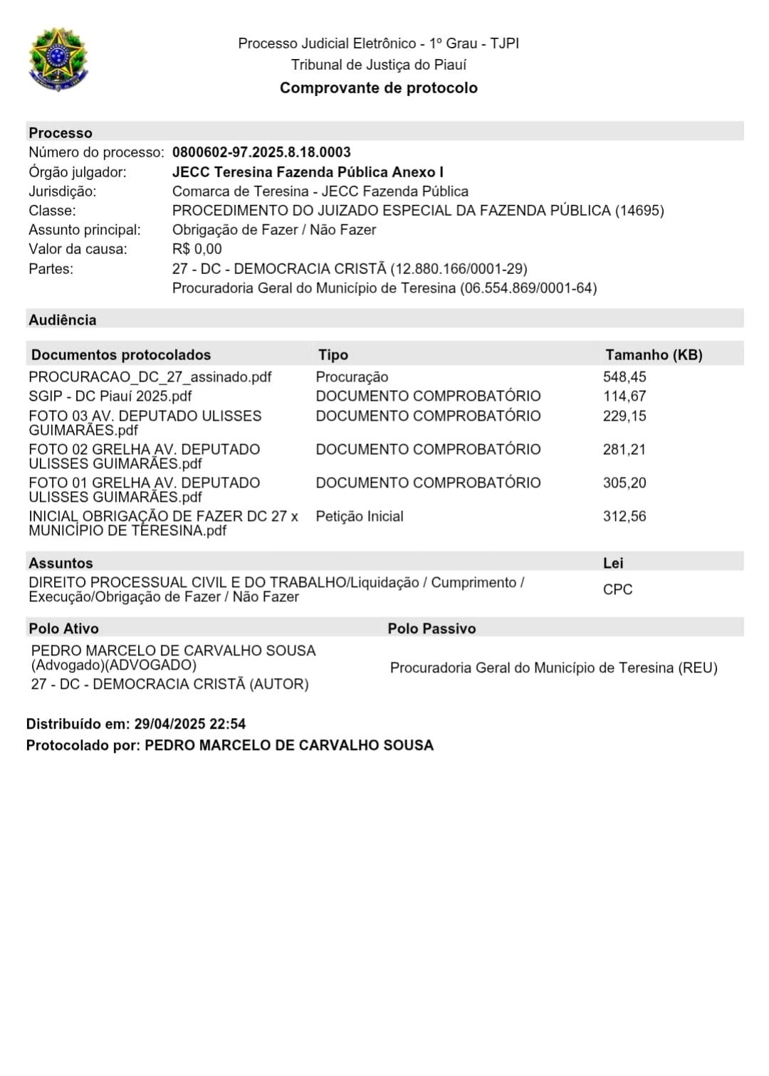 Protocolo da Ação de Obrigação de Fazer em desfavor da SDU-SUL / Prefeitura de Teresina