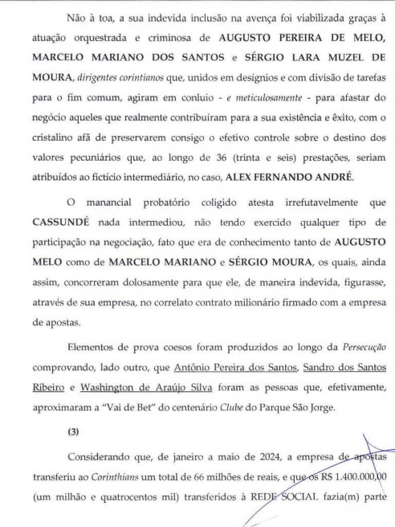 Trecho do inquérito da Polícia Civil de São Paulo com o indiciamento do presidente do Corinthians, Augusto Melo