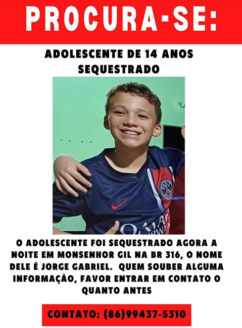 Adolescente sequestrado em Monsenhor Gil