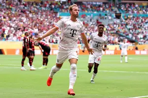 Kane celebra o segundo gol do Bayern contra o Flamengo (Foto: Megan Briggs/Getty Images via AFP)