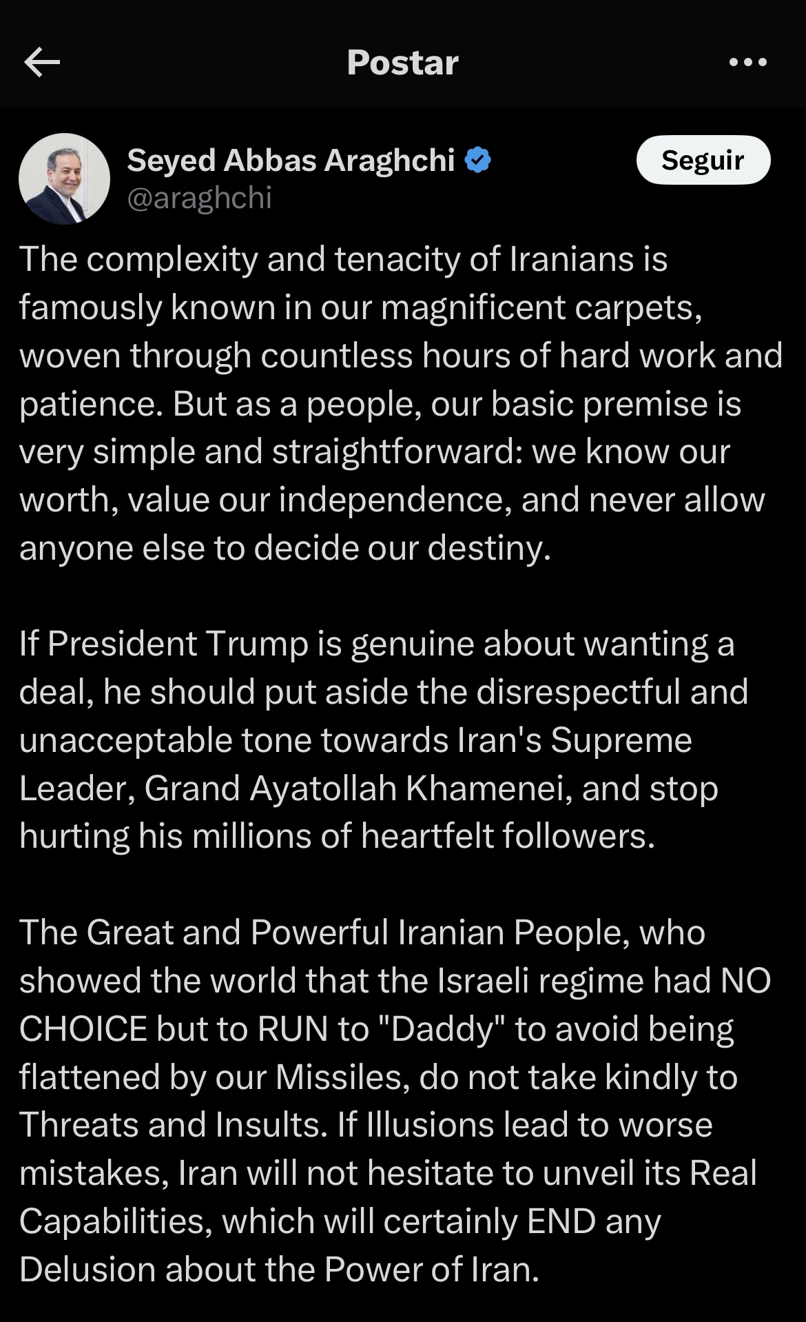 Publicacão de Abbas Araqchi, chanceler iraniano