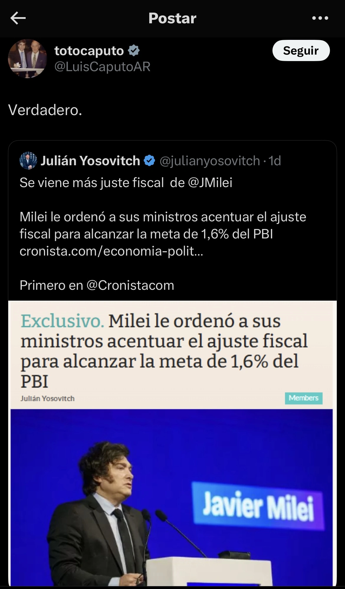 Publicação de Luis Caputo, ministro da Economia