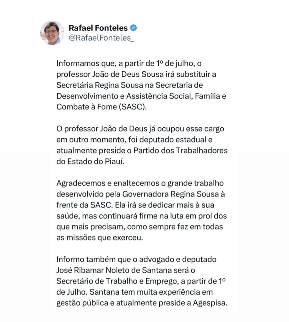 Rafael Fonteles no X anunciando mudanças no governo
