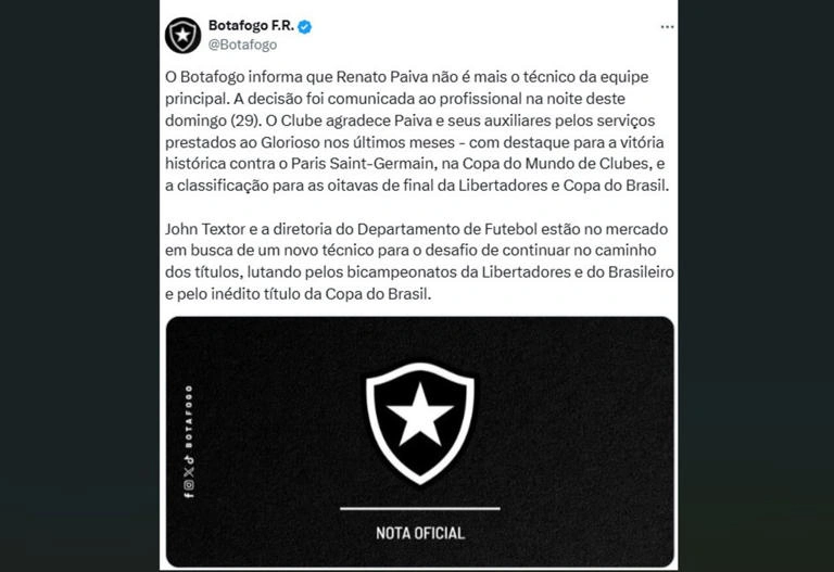 Reprodução rede social Botafogo