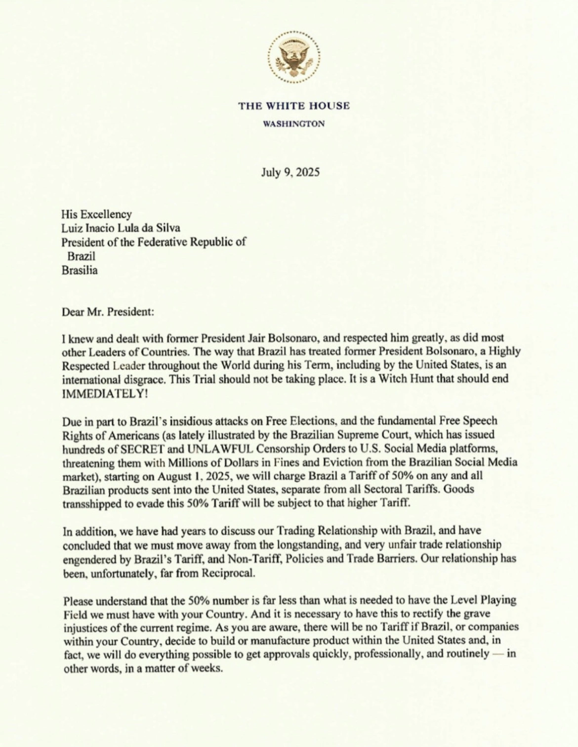 Carta pública enviada por Donald Trump