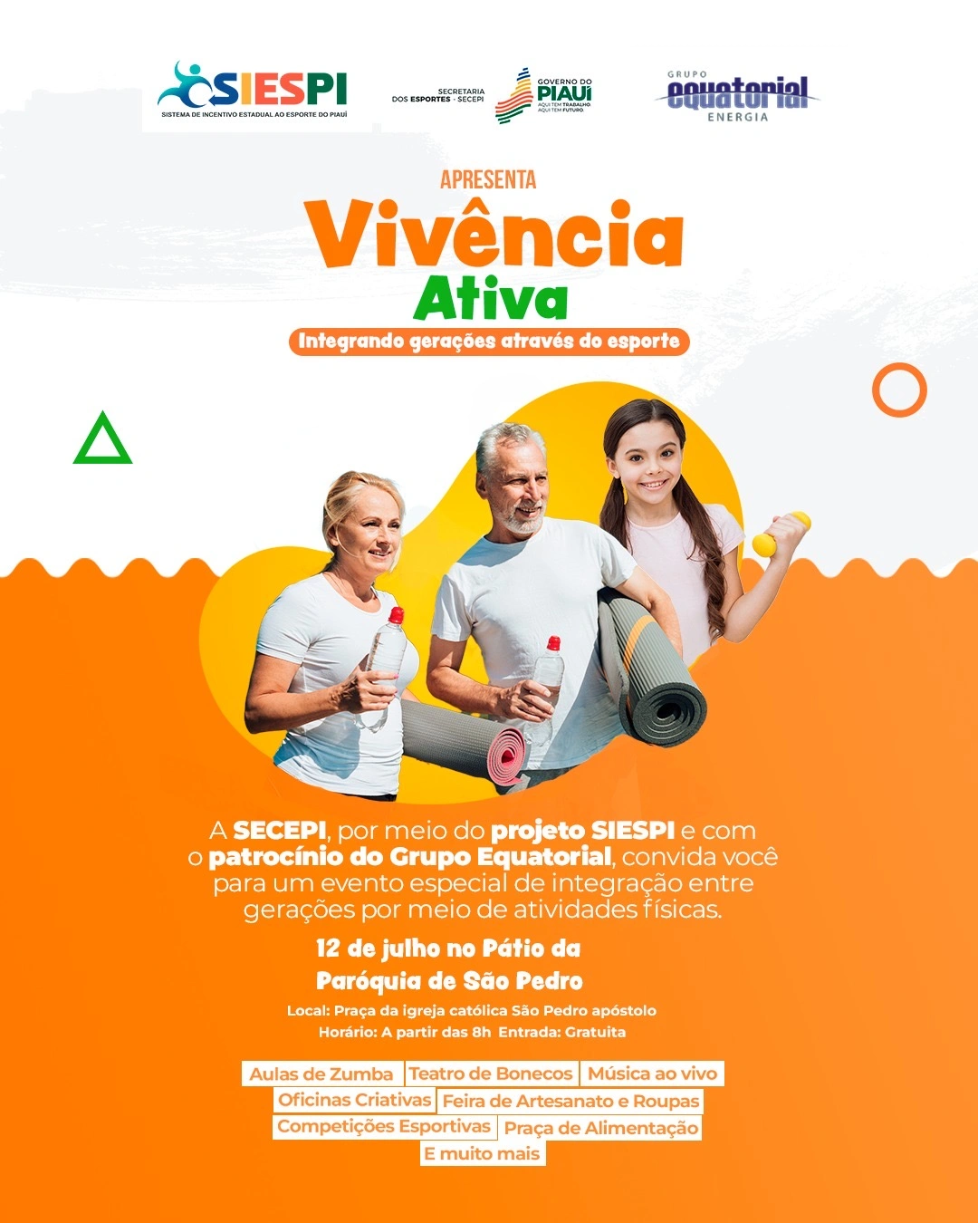Com o lema "Integrando gerações através do esporte", o evento contará com uma programação diversa e gratuita: aulas de zumba, apresentações culturais.