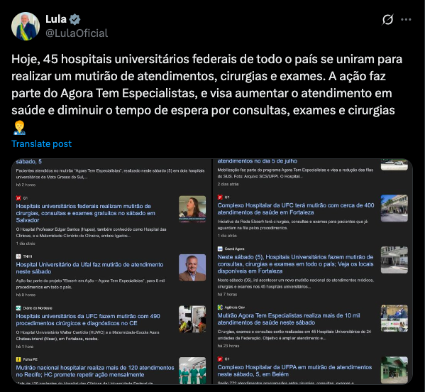 Lula No X sobre ações na saúde