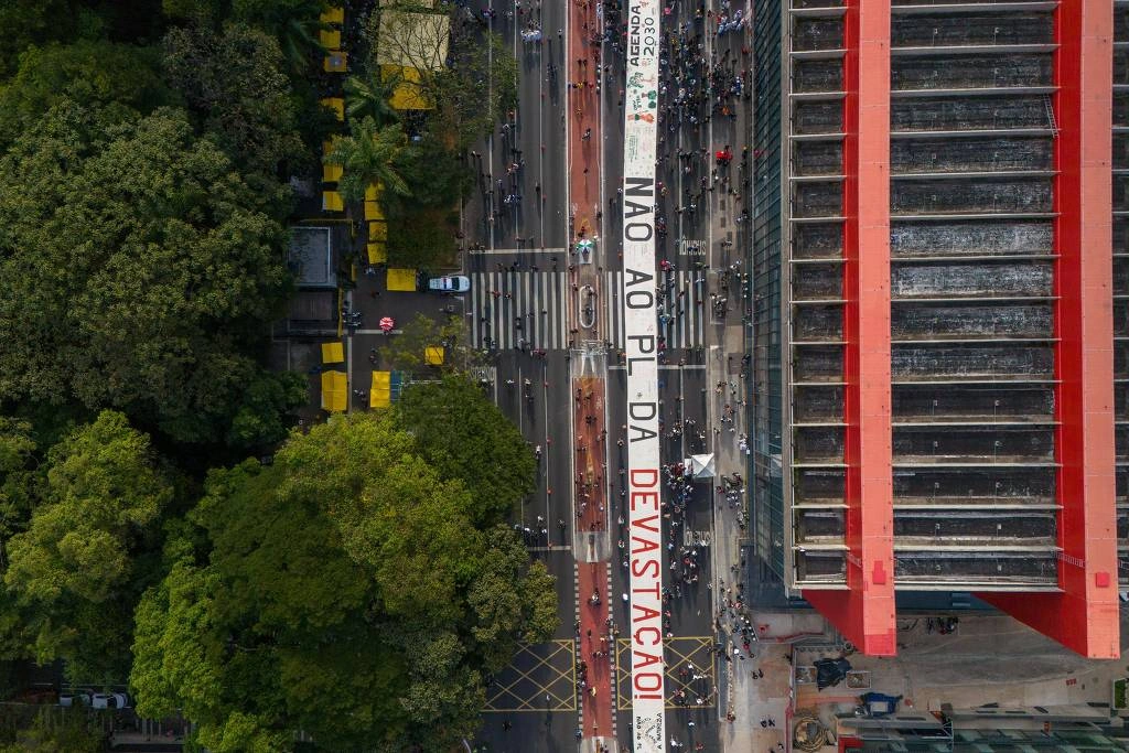Manifestação na av. Paulista contra o PL do licenciamento ambiental, realizada no último domingo (13)
