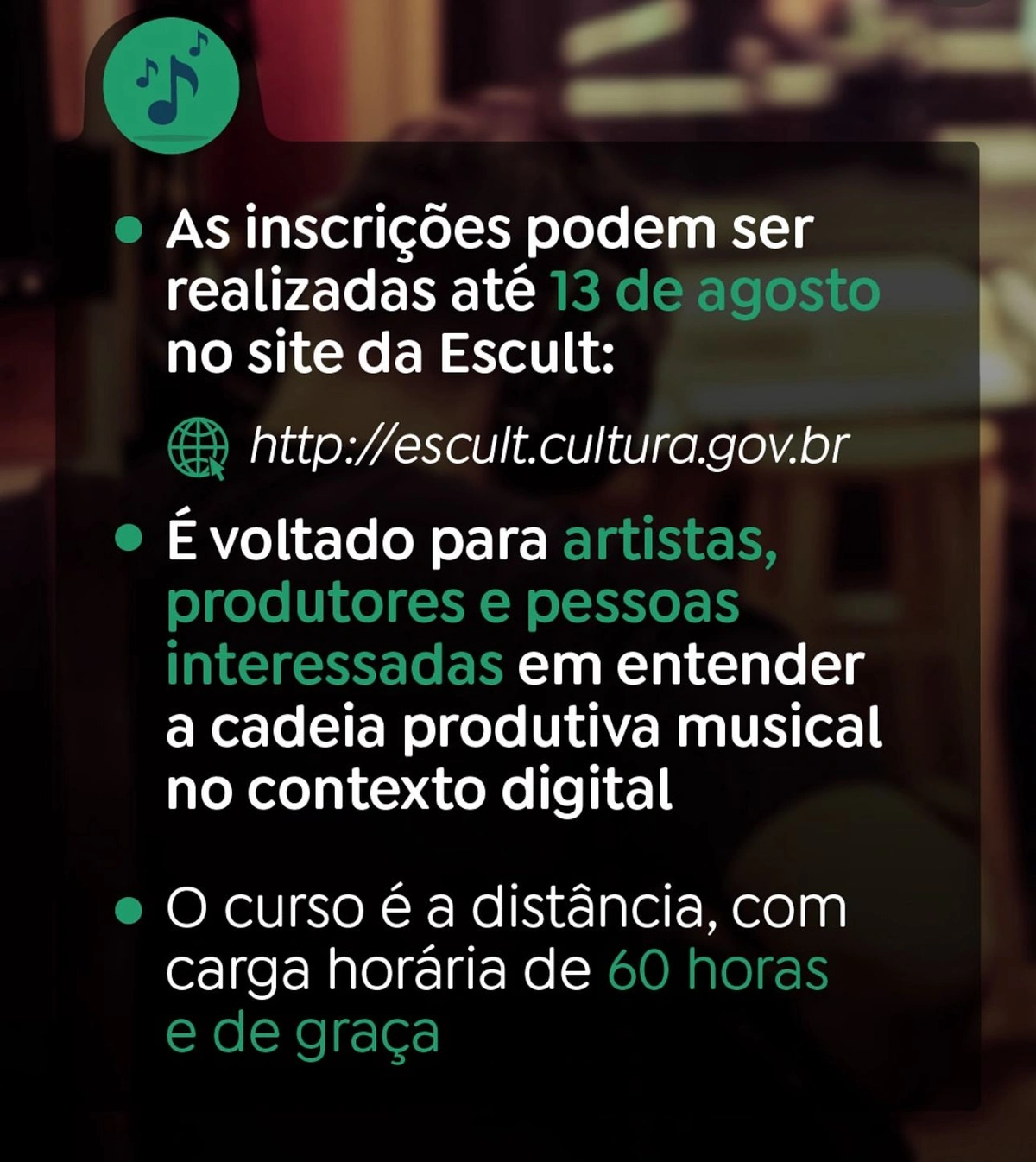 Curso a distância tem carga horária de 60 horas e aborda da produção musical à pós-produção