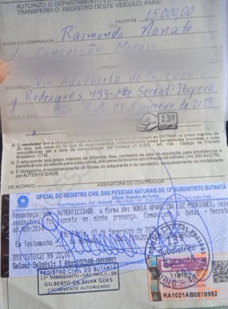 Documento recibo da Pajero de Raimundo Nonato da Conceição Morais