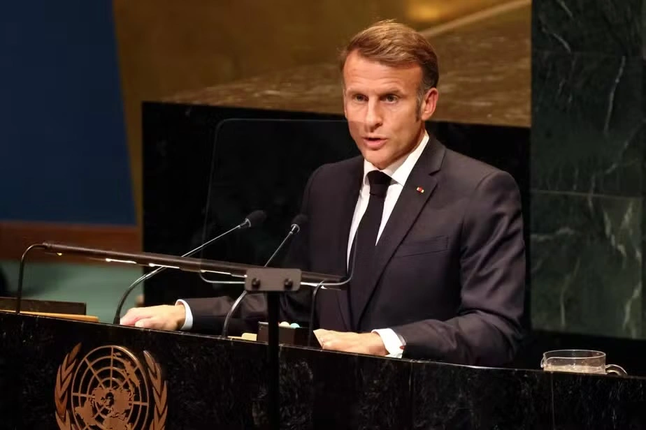 O presidente da França, Emmanuel Macron, em conferência às vésperas da Assembleia Geral da ONU