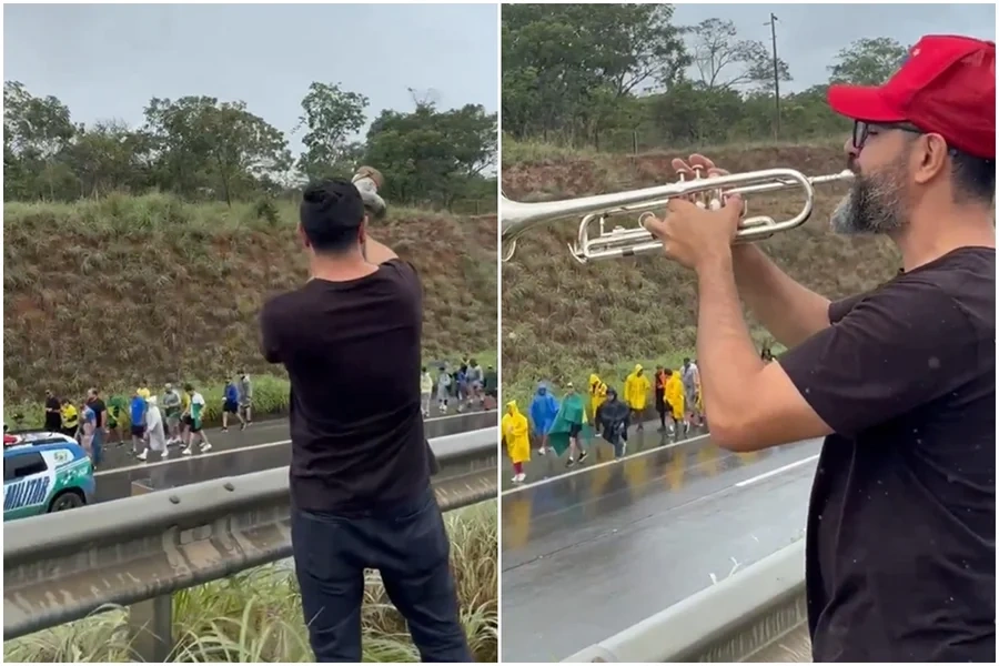 Trompetista provoca caminhada de Nikolas ao tocar berrante em rodovia federal