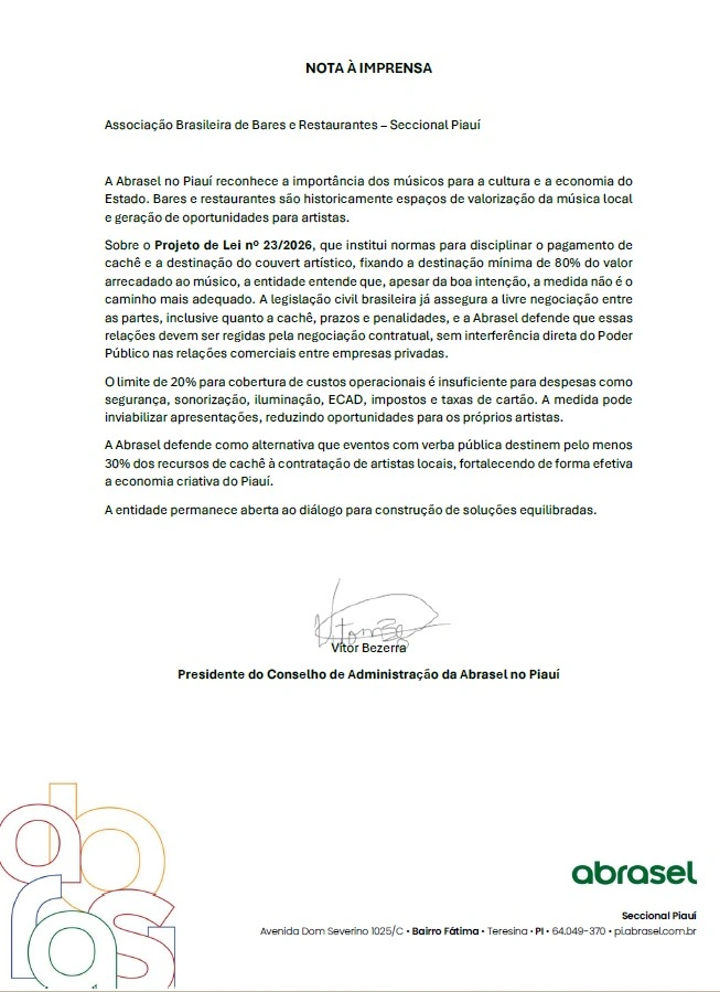 ABRASEL nota sobre projeto de lei sobre o couver