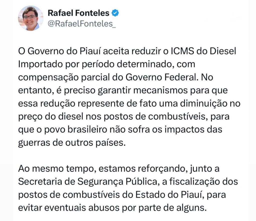 Manifestação do governador Rafael Fonteles sobre a redução do ICMS do diesel importado via rede social