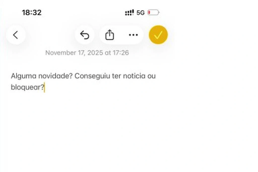 Print de bloco de notas apreendido no celular de Daniel Vorcaro, dono do Master, com frase que ele supostamente teria enviado supostamente ao ministro Alexandre de Moraes