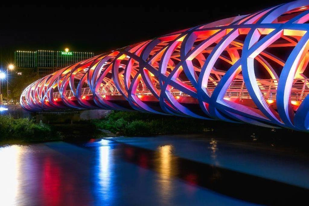 A ponte Hans Wilsdorf, premiada com vários reconhecimentos de arquitetura, é a obra mais evidente da fundação em Genebra, Suíça