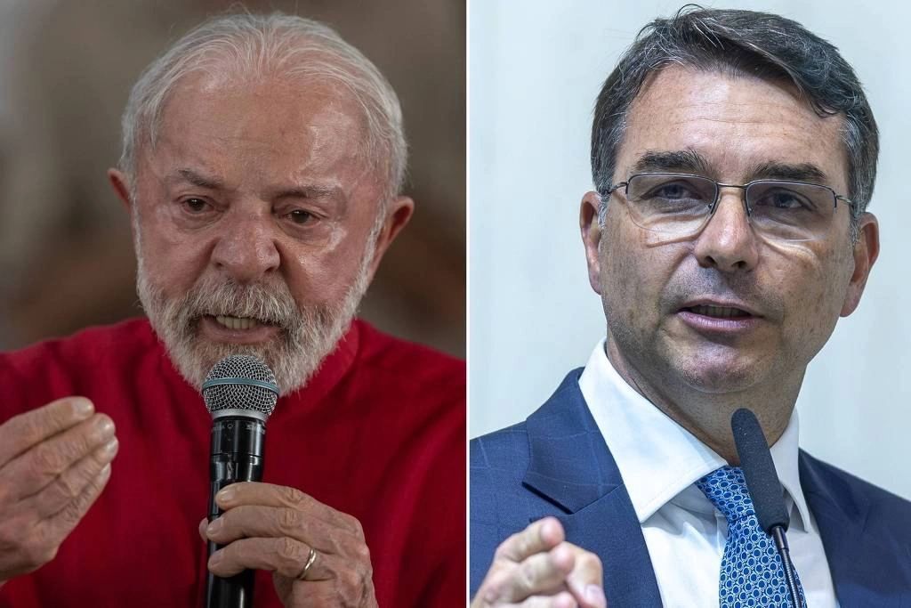 O presidente Luiz Inácio Lula da Silva (PT) e o senador Flávio Bolsonaro, pré-candidato do PL à Presidência