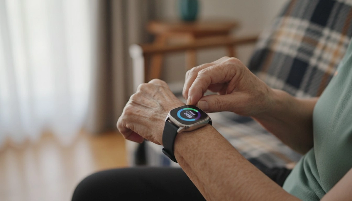 Idosa ajustando smartwatch que monitora a meta de 5.000 a 7.500 passos diários