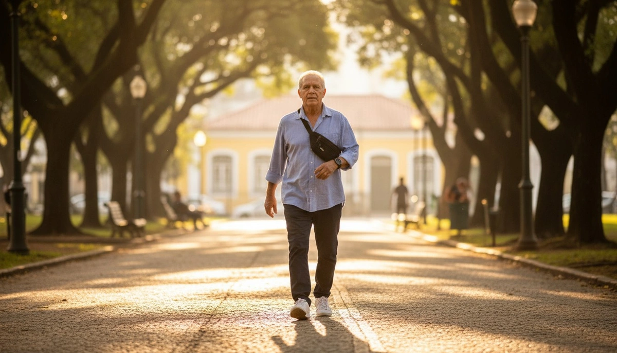 Idoso brasileiro caminhando em parque ao amanhecer, hábito que pode adiar Alzheimer em até sete anos