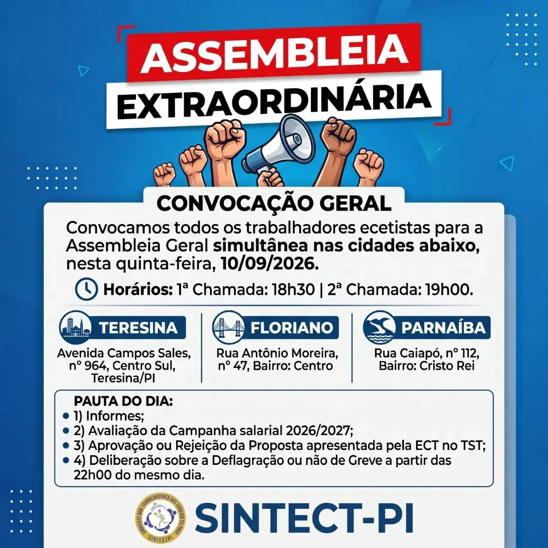 SINTECT-PI convoca Assembleia Geral